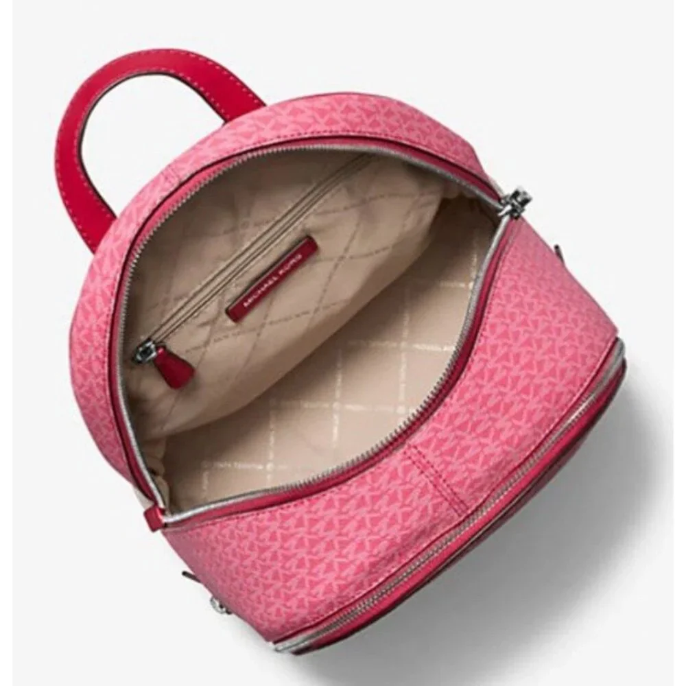 New Michael Kors Rhea Medium Colorblock Signature Logo Backpack Dark Raspberry - Picture 4 of 5
